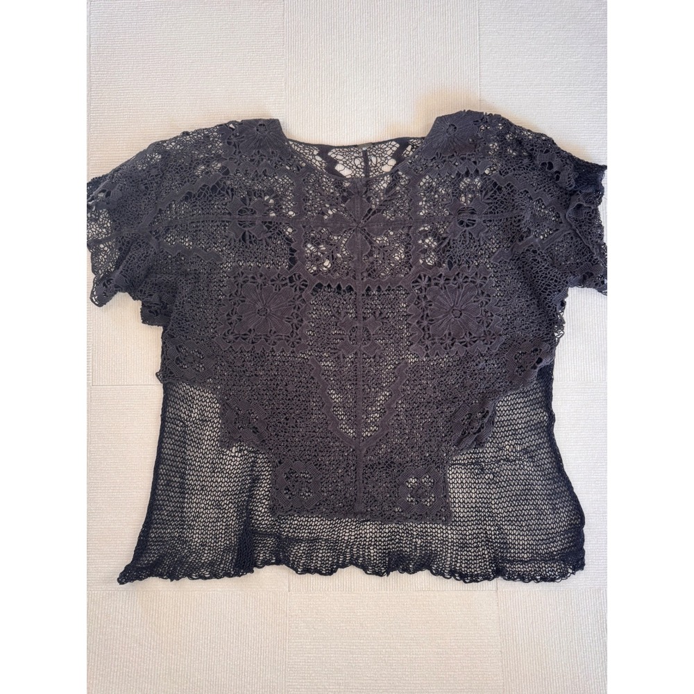 Free People Charcoal Grey Crochet Lace Mesh Short Sleeve Boho Top